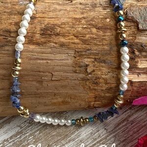 Beaded lapis lazuli pearls and gold dainty short necklace